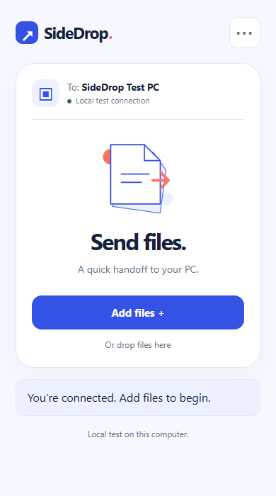 Safari companion: connected to a demonstration PC with an Add files action.